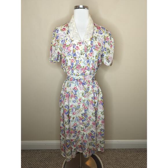 Vintage Karin Stevens Floral Button Up Midi Dress Lace Collar - Picture 1 of 15
